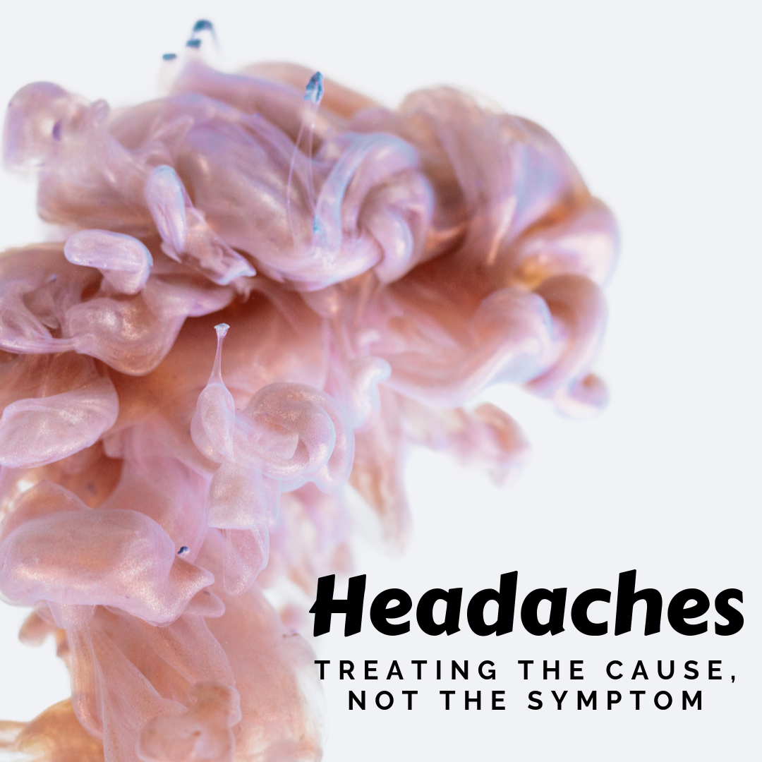 Headaches treating the cause not the symptoms, pouf of pink cloud with text over the image